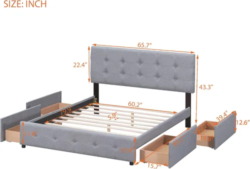 Vista 2 de Harper & Bright Designs Cama de plataforma tapizada tamaño Queen con almacenamiento, marco de cama Queen con 4 cajones y cabecero copetudo para Lino