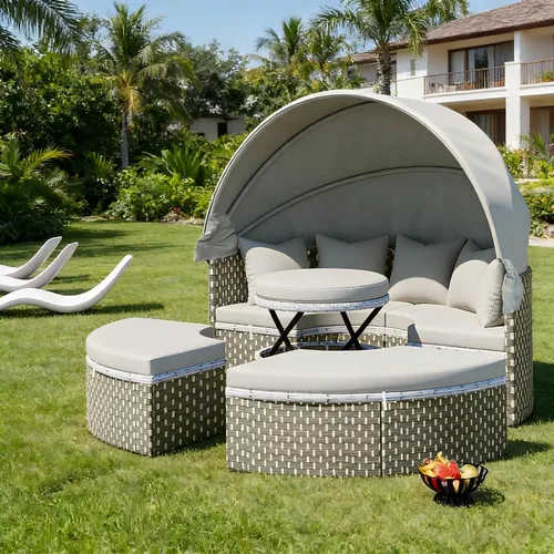 Vista 10 de KEVINSPACE Sofá cama para patio al aire libre con toldo retráctil, cojines lavables, muebles redondos de mimbre para exteriores, sofá modular de 65