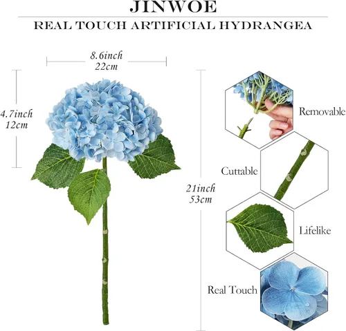 Vista 5 de JINWOE Hortensias artificiales de tacto real, 3 piezas de 21 pulgadas, flores de seda de látex real grandes, tallos largos, ramo de flores falsas