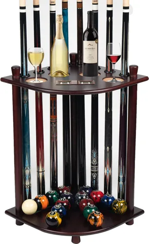 Vista 6 de Billmart - Soporte para palo de billar, soporte de piso, de madera maciza Holds 8 Pool Cue Sticks, Full Set of Balls, 4 Drink Holders, Storage