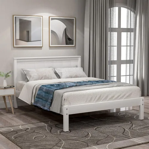 Vista 13 de Cama de plataforma de madera tamaño matrimonial con cabecera y estribo, base de cama de plataforma de trineo de tamaño matrimonial con espacio