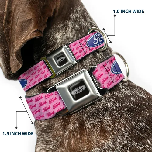 Vista 2 de Buckle-Down Collar de perro con hebilla para cinturón de seguridad, Ford Oval con texto rosa, 1 pulgada de ancho, se adapta a cuello de 15 a 26