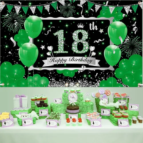Vista 2 de Cartel verde de cumpleaños número 18 – Cartel grande plateado de feliz 18 para niños y niñas – 73 x 44 pulgadas