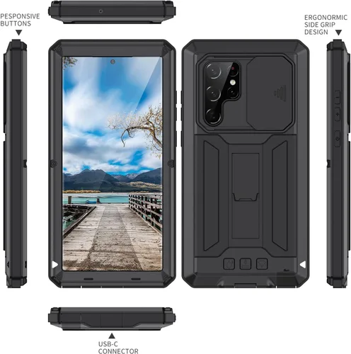 Vista 4 de Funda resistente para Samsung Galaxy S22 5G 2022 con protector de pantalla y función atril para cámara Samsung S22, de metal militar, a prueba