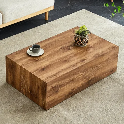 Vista 4 de Mesa de café rústica marrón para sala de estar, mesas centrales rectangulares modernas, elegante mesa de cóctel de madera para oficina en casa