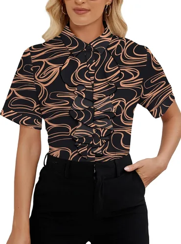 Vista 26 de Vrtige Women's Ruffle Front Collar Neck Button Down Short Sleeve Blouse Shirt Top