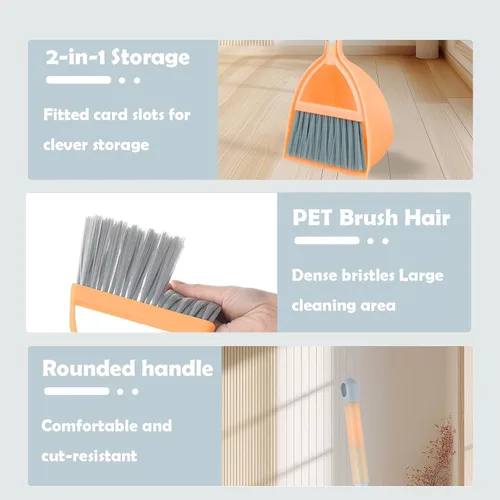 Vista 5 de Mini Escoba con Palita - Pequeño Juego de Limpieza para el Hogar, Ideal para Cocina, Baño, Nido de Mascotas, Barco (Set de 3, Azul+Naranja+Amarillo)