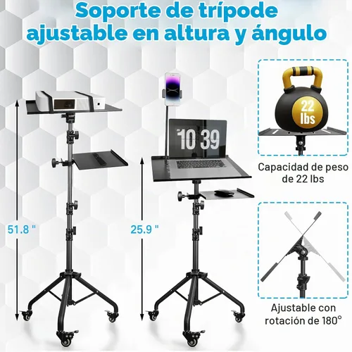 Vista 4 de Soporte ajustable para proyector de computadora portátil con ruedas