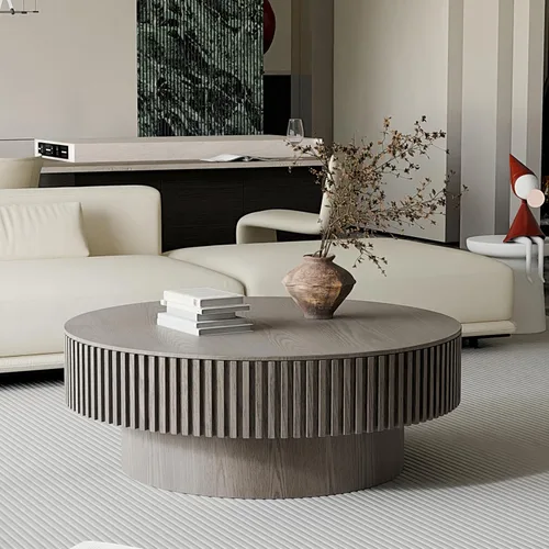 Vista 13 de Mesa de centro redonda de madera de 31.49 pulgadas con almacenamiento, mesa de centro circular acanalada de 2 niveles con tapa y estante para sala