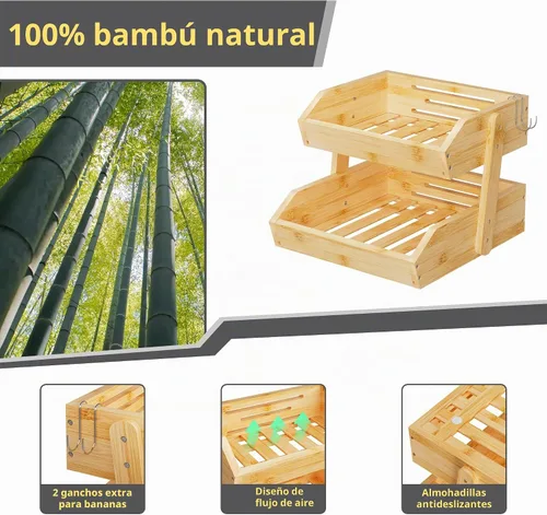 Vista 6 de Cesta de frutas de bambú de 2 niveles para encimera de cocina, encimera de almacenamiento de frutas de gran capacidad, soporte para frutas