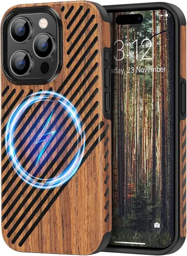 Vista 13 de TENDLIN Funda magnética para iPhone 13 Pro - Funda híbrida de TPU de cuero de grano de madera con compatibilidad MagSafe