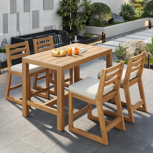 Vista 18 de Quarte Moderno juego de comedor de patio al aire libre de 5 piezas, juego de barra de mimbre de ratán de polietileno para jardín, 4 sillas de altura