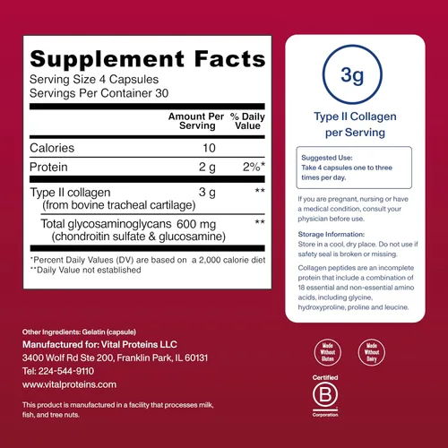 Vista 4 de Vital Proteins - Píldoras de colágeno de cartílago, suplemento de colágeno tipo II y sulfato de condroitina para la recuperación y cabello, piel