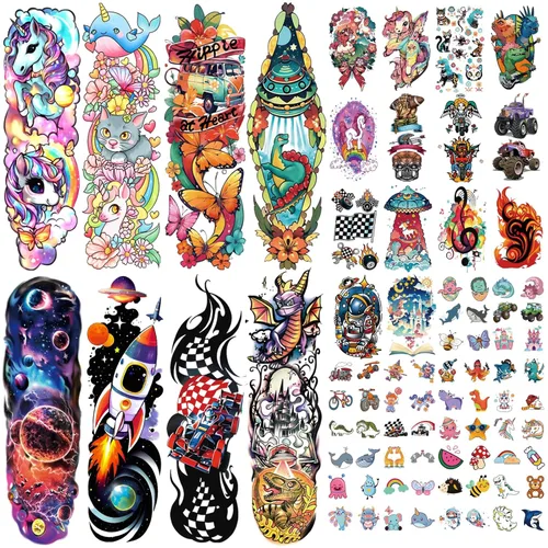 Vista 10 de 77 hojas de tatuajes temporales, 17 hojas de tatuajes de medio brazo de gatos, perros, conejos, leones y elefantes lindos para hombres, mujeres