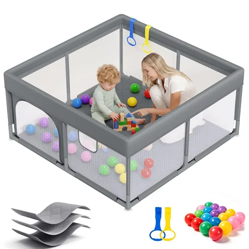 Vista 9 de Kidirect Corralito para bebés 47x47, beige, patio de juegos integrado con Beige-47" X 47