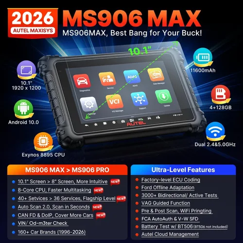 Vista 2 de Autel MaxiSYS MS906 MAX - Escáner 2026 de 10.1 pulgadas, MS906MAX más grande que MS906 PRO ECU C0ding as Elite 2 PRO, CANFD DoIP, V2.0 Up of