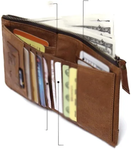 Vista 4 de Walnut Retro Crazy Horse - Cartera de cuero multifunción de tres pliegues para hombre, estilo vertical