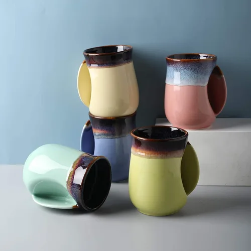 Vista 4 de Selamica - Taza de porcelana de 18 onzas con calentador de manos para diestros, taza de café, taza de té para familiares y pareja - Azul