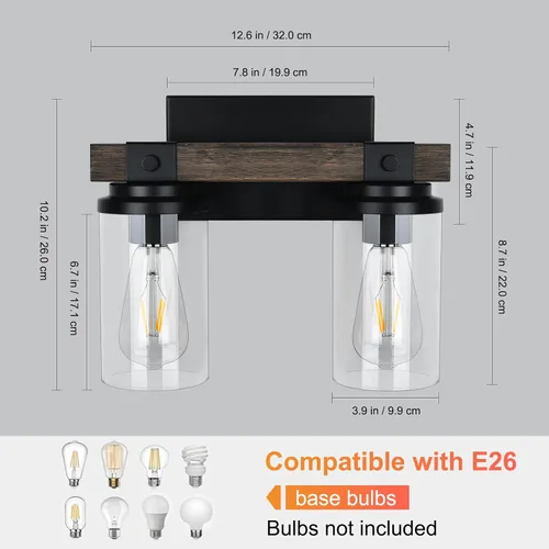 Vista 4 de Lámpara de Baño Estilo Granja de Madera Negra, Iluminación de Tocador de 2 Luces, Aplique de Pared de Madera, Accesorio de Pared Industrial Rústico