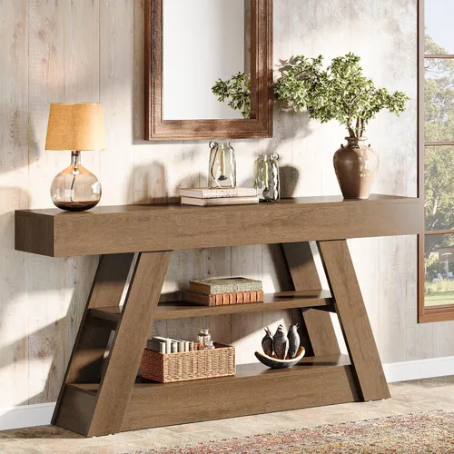 Vista 8 de Tribesigns Mesa consola de madera de 63 pulgadas con estantes de almacenamiento, mesa de sofá de entrada larga rústica detrás del sofá para sala