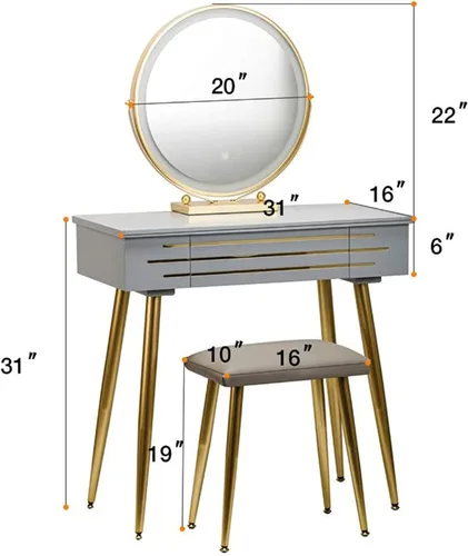 Vista 4 de Juego de mesa de maquillaje, mesa de tocador con pantalla táctil de 3 modos, espejo iluminado ajustable y taburete acolchado, cajón deslizante