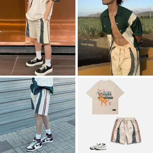 Vista 6 de Aelfric Eden Pantalones cortos deportivos de retazos para hombre de los años 90, con múltiples bolsillos, cintura elástica, estilo cargo, pantalones