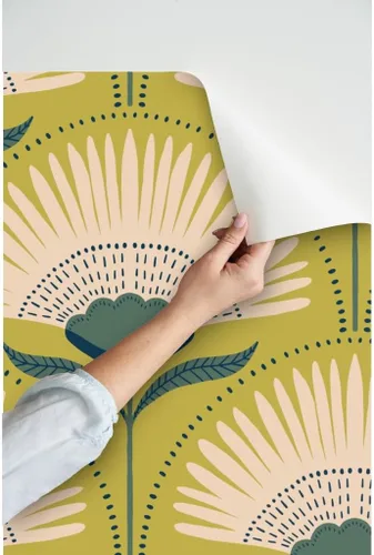 Vista 3 de Muestras de papel tapiz para despegar y pegar, diseño Art Deco de flores verdes, geométrico, divertido, jumbo, papel tapiz extraíble personalizado
