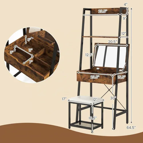 Vista 5 de CHARMAID Juego de escritorio de tocador de escalera – Mesa de tocador de maquillaje con espejo abatible, taburete acolchado, 4 compartimentos