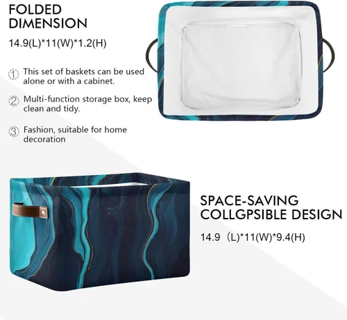 Vista 2 de Cestas de almacenamiento de mármol azul, cesta de almacenamiento rectangular plegable decorativa de tela de lona para el hogar
