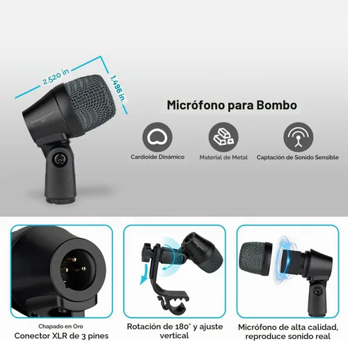 Vista 3 de happymusic M7 - Kit de micrófono de batería con cable, 7 piezas de metal dinámico de micrófono y platillos de bajo dinámico, uso para batería vocal