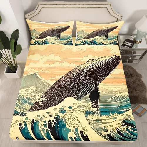 Vista 2 de Erosebridal Juego de sábanas de ballena náutica, tamaño individual, juego de ropa de cama vintage azul con ondas oceánicas para niños y niñas