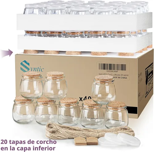 Vista 8 de Syntic Paquete de 40 tarros pequeños de vidrio con tapas de corcho, tarros de masón vacíos de 7 onzas para hacer velas, recipiente de yogur