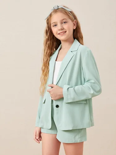Vista 3 de WDIRARA Conjunto de 2 piezas para niña con chaqueta de manga larga con botones en la parte delantera y pantalones cortos