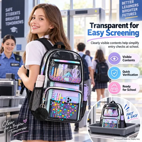 Vista 2 de AGSDON Mochila transparente, resistente bolsa transparente para libros, mochilas de PVC transparente para mujeres y hombres 17 negro transparente