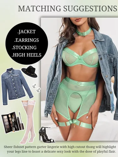Vista 4 de Dlsave Conjunto de lencería sexy de 4 piezas para mujer de malla transparente de encaje y liguero con gargantilla
