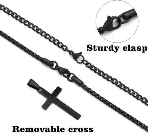 Vista 6 de LUXEJEW Collar de cruz de acero inoxidable para hombres y niños, cadena de eslabones cubanos de plata dorada y negra, cadena de cadena con colgante