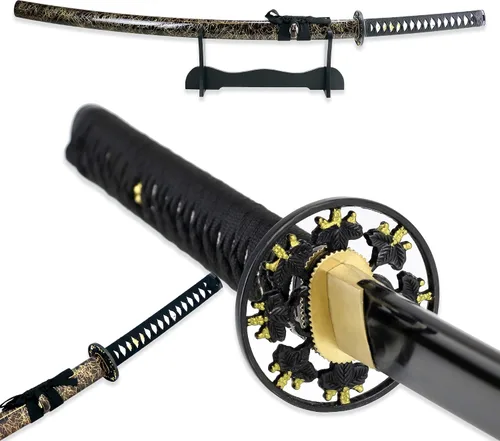 Vista 4 de Vulcan Gear Espada samurái katana japonesa de hoja negra sagrada hecha a mano con soporte de espada de madera y vaina