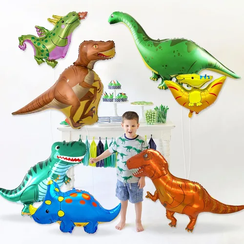 Vista 6 de 7 globos de aluminio de dinosaurio, decoraciones de cumpleaños de dinosaurio de 46 pulgadas, globos grandes de Mylar de dinosaurio de helio