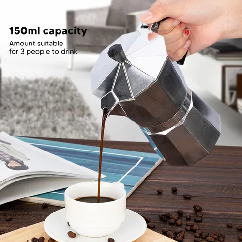 Vista 5 de Olla de café de aleación de aluminio de 5.1 fl oz, cafetera octogonal de 5.1 fl oz, cafetera de estufa para oficina en casa, camping, viajes