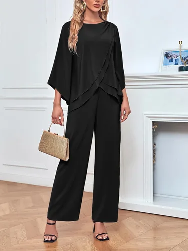 Vista 4 de Zongqiven Traje de 2 piezas de gasa para mujer con dobladillo asimétrico, blusa y pantalones para boda, fiesta, baile de graduación