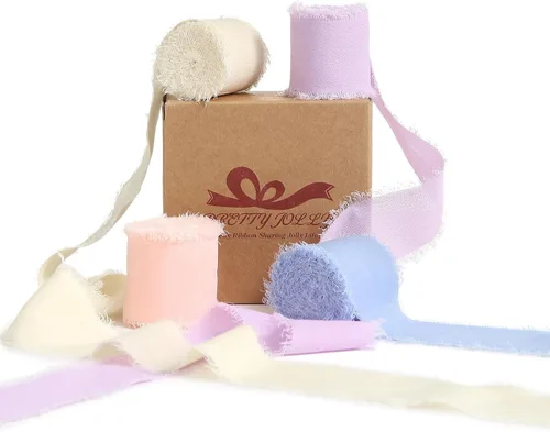 Vista 23 de Pretty Jolly Cinta de gasa beige para envolver regalos, 3 rollos de 2 pulgadas x 7 yardas, cinta de tela de seda hecha a mano con flecos para ramo