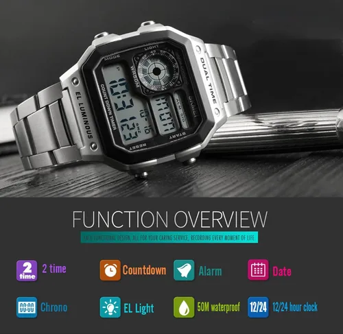 Vista 9 de Moda deportes acero inoxidable LED Digital alarma cronógrafo impermeable multifunción hombres reloj de cuarzo