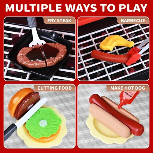 Vista 8 de Juguetes de cocina para niños, juego de parrilla de barbacoa para niños con humo, sonido y luz, juguete de barbacoa de 2 niveles con rueda, juguetes