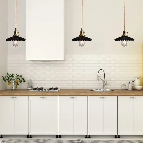 Vista 5 de Lámpara colgante de cerámica negra para isla de cocina, pantalla festoneada de cerámica, estilo granja, vintage, luces colgantes de techo