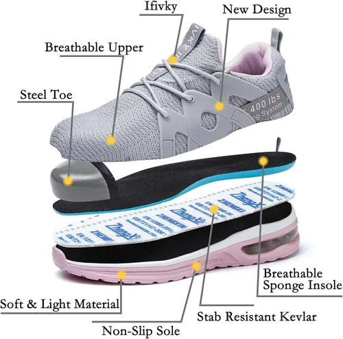 Vista 3 de Ifivky Zapatos de punta de acero para mujer, ligeros, transpirables, zapatos de trabajo cómodos, a prueba de pinchazos, antideslizantes, zapatos