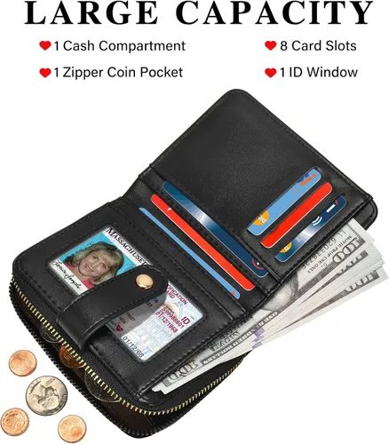 Vista 2 de oscaurt Cartera para mujer pequeña con bloqueo RFID, cartera de dos pliegues con tarjetero para tarjetas de crédito, ventana para identificación