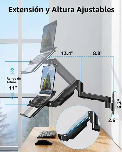 Vista 4 de MOUNTUP Soporte de pared para laptop, soporte ajustable para laptop de máximo 17" notebook o monitor máximo de 32", soporte de pared para laptop