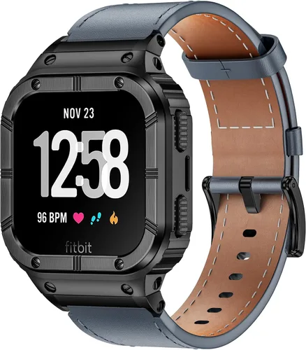 Vista 9 de BAITEYOU Leather Bands with Stainless Steel Case Compatible with Fitbit Versa 1 2 3 4 Lite Sense 2 1 Protective case for men