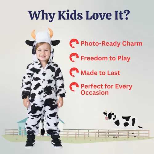 Vista 4 de Dress Up America Disfraz de vaca para niños pequeños - Adorable mono de vaca de felpa Onsie para niños pequeños y niñas