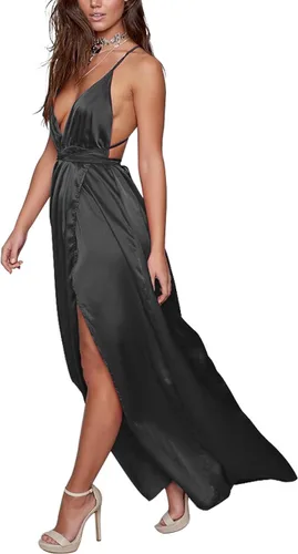 Vista 3 de Yimeili vestido largo de fiesta para mujer, vestido de cóctel sexy, satinado, con cuello en V profundo, espalda descubierta y abertura
